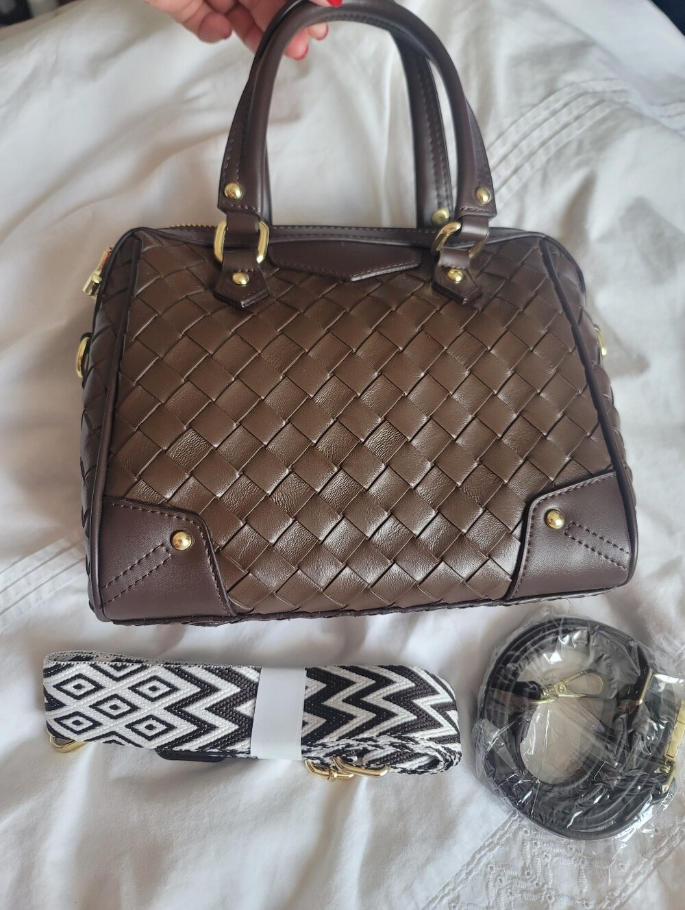 Faux Vegan Woven Leather Chocolate Brown Handbag Purse
